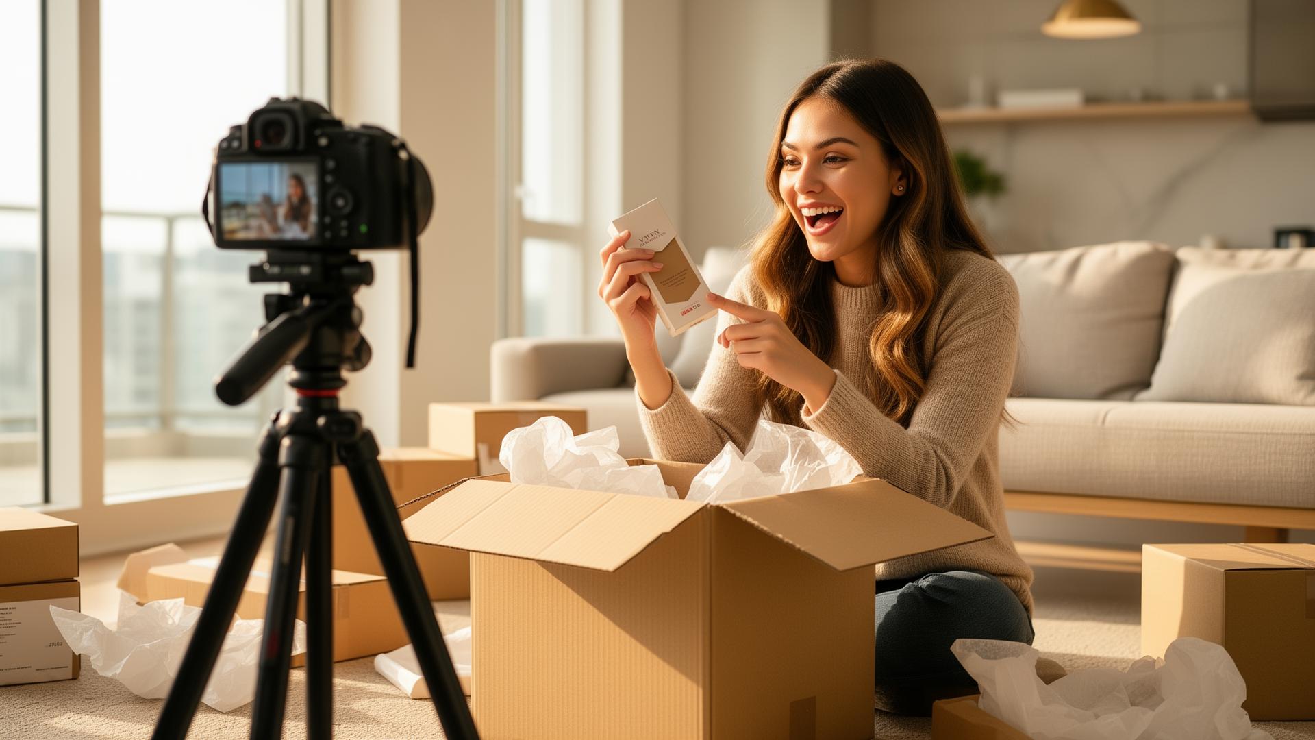 Young influencer excitedly unboxing campaign products while filming