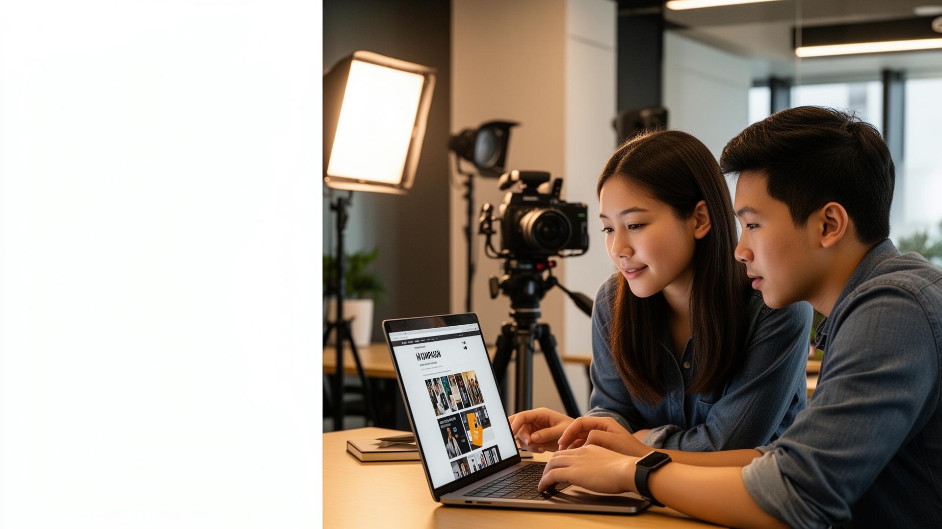Two young creators reviewing campaign content on a laptop in a studio